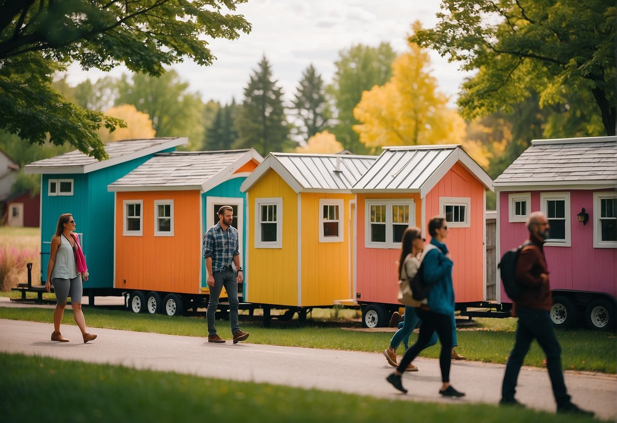 People walking among colorful tiny homes in MN community