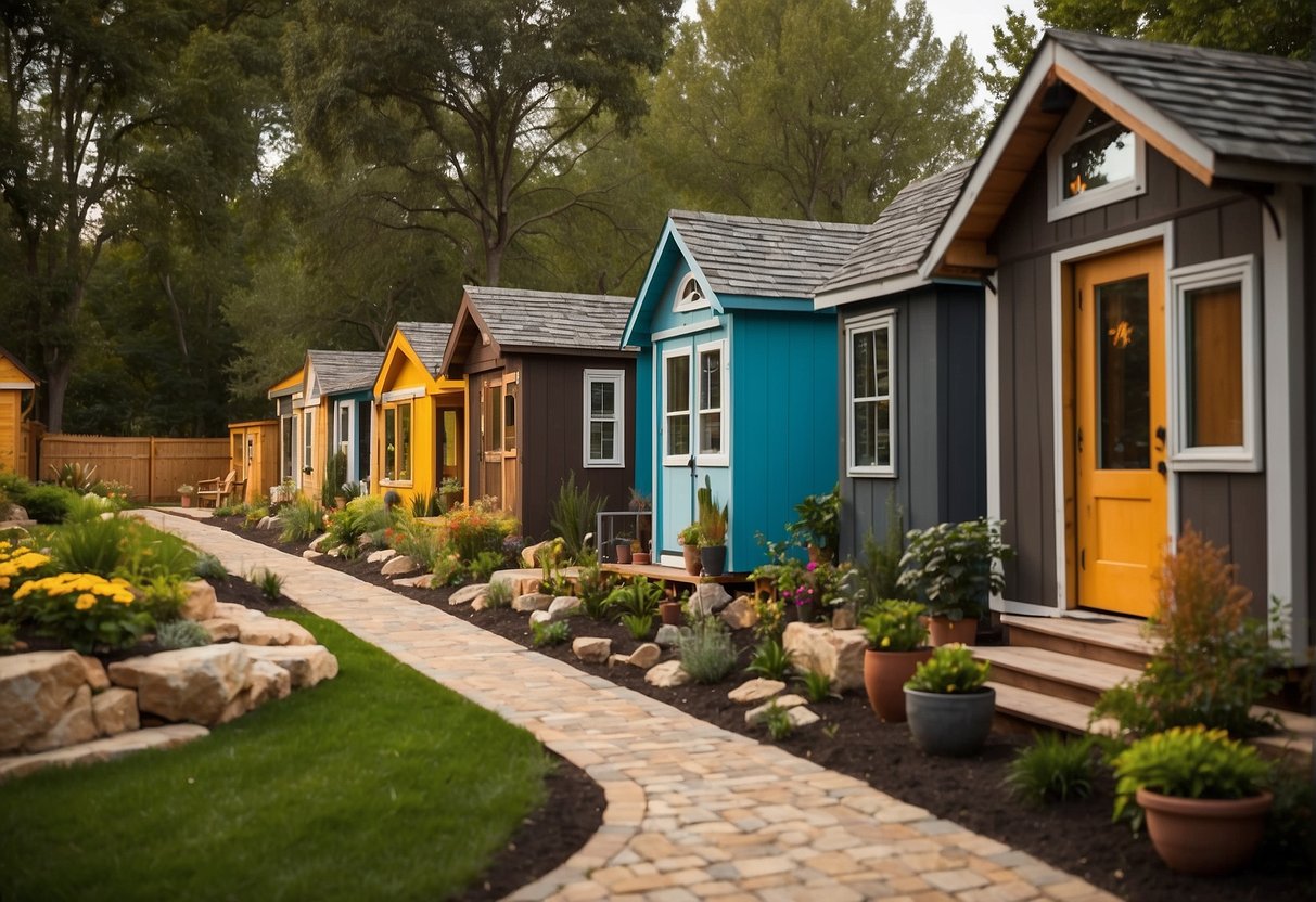 The tiny homes are nestled among lush green trees, with communal gardens and gathering spaces. Each home is uniquely designed, with colorful exteriors and cozy interiors. The community features shared amenities such as a central clubhouse, a playground, and a fire pit for
