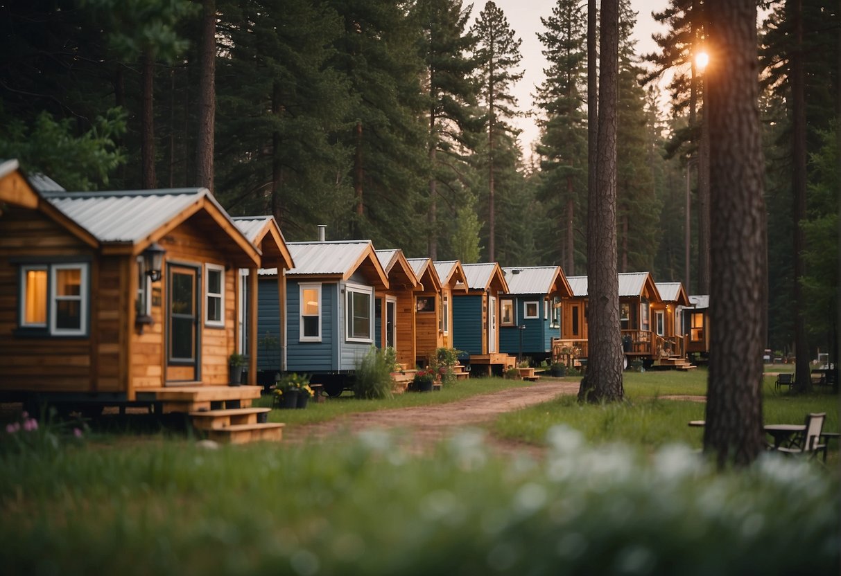 A cluster of tiny homes nestled among tall pine trees in a serene Minnesota community, with a central gathering area and residents engaging in various activities