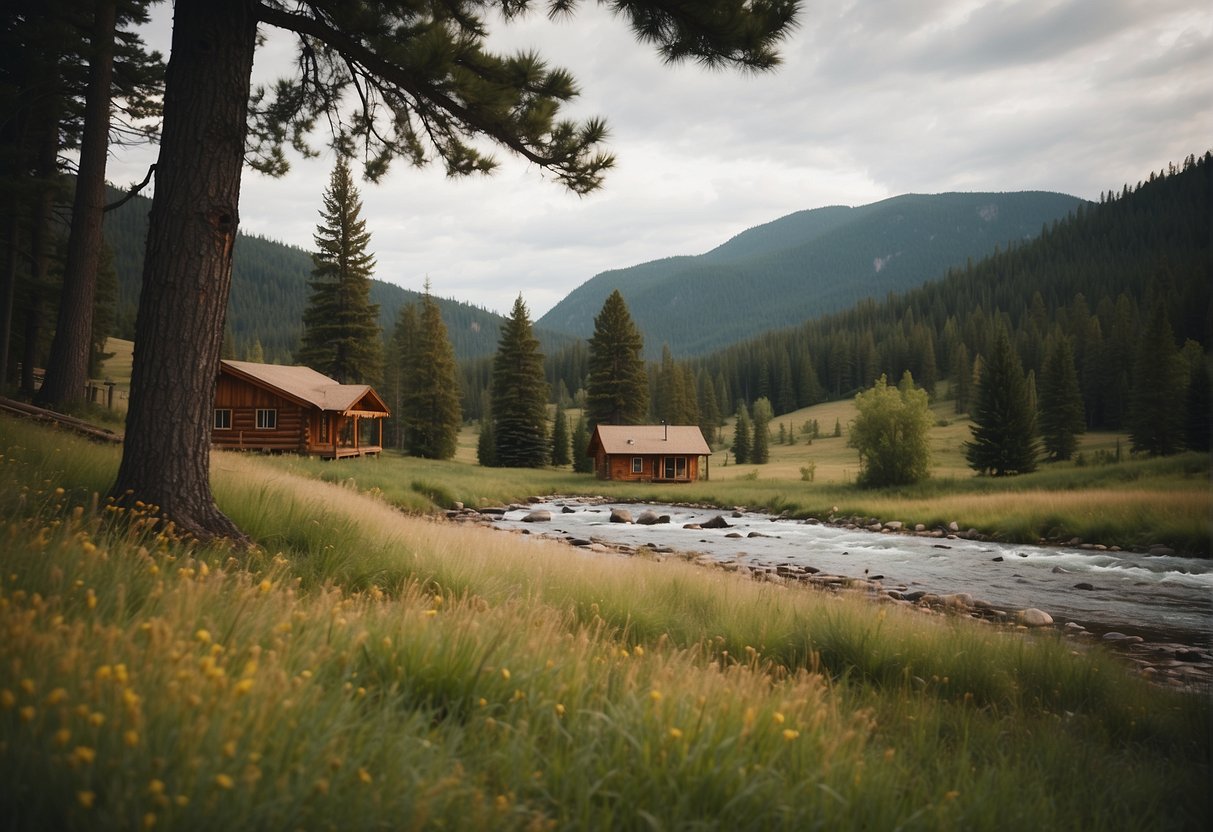 A cluster of cozy cabins nestled in the rolling hills of Montana, surrounded by towering pine trees and a tranquil stream running nearby