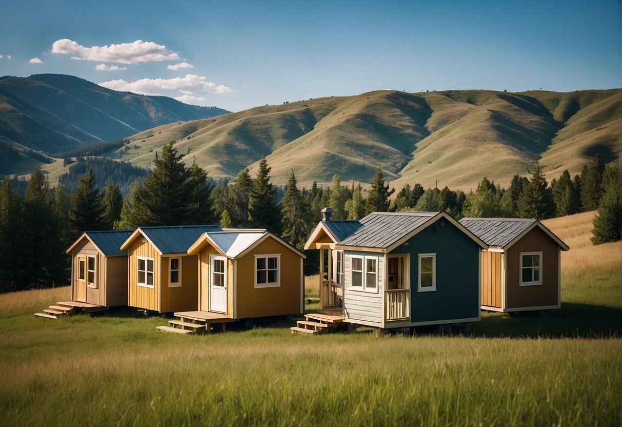 A group of tiny homes nestled among the rolling hills of Montana, surrounded by lush greenery and a clear blue sky