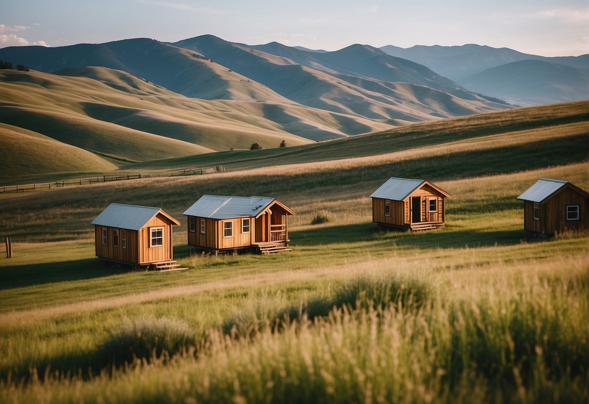 A group of tiny homes nestled among the rolling hills of Montana, with a clear view of the big sky and surrounded by nature