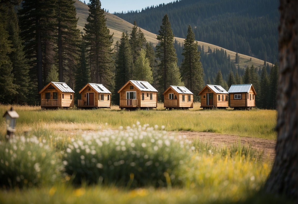 A cluster of tiny homes nestled in the rolling hills of Montana, with communal spaces and gardens, surrounded by towering pine trees