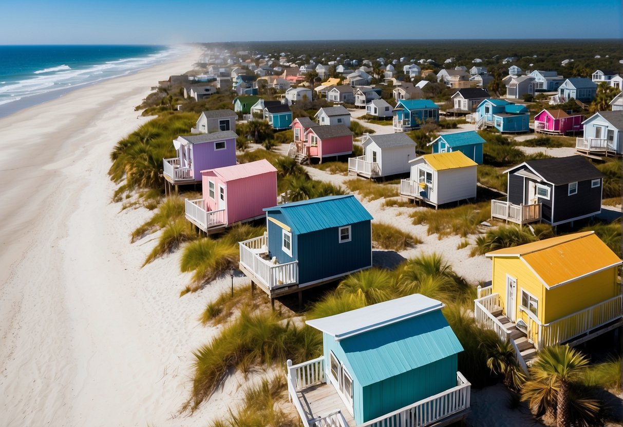 A cluster of colorful tiny homes nestled among lush palm trees, with a backdrop of pristine sandy beaches and sparkling ocean waves in Myrtle Beach, SC