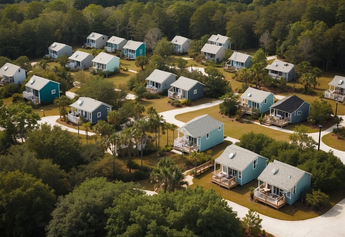 Aerial view of tiny homes nestled among lush greenery in Myrtle Beach, SC. Community amenities and social spaces visible