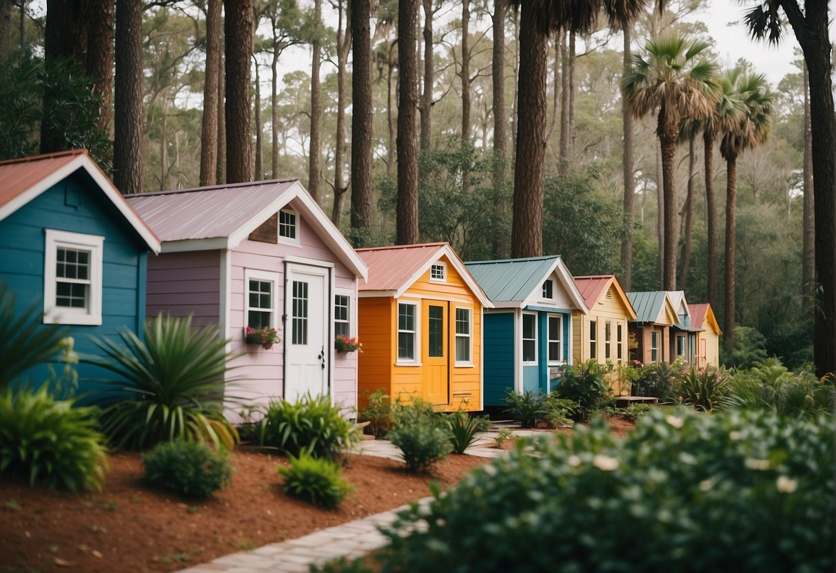 A cluster of colorful tiny homes nestled among lush greenery in a Myrtle Beach community