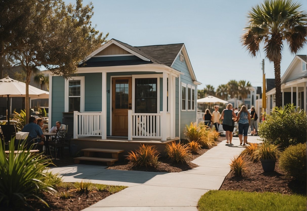 A bustling Myrtle Beach tiny home community with residents gathering in common areas, chatting and enjoying the sunny coastal atmosphere