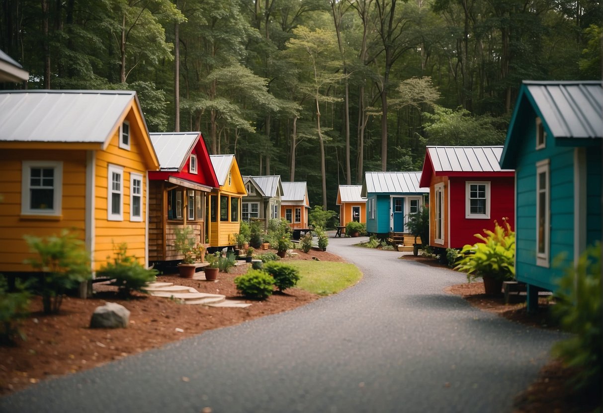 A cluster of colorful tiny homes nestled among lush green trees in a serene North Carolina community