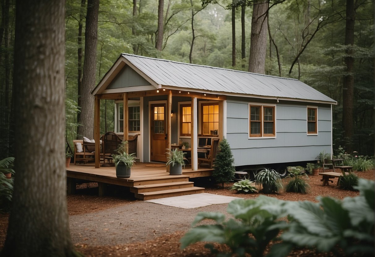 A cozy tiny home nestled in a lush North Carolina community, surrounded by trees and a serene natural landscape