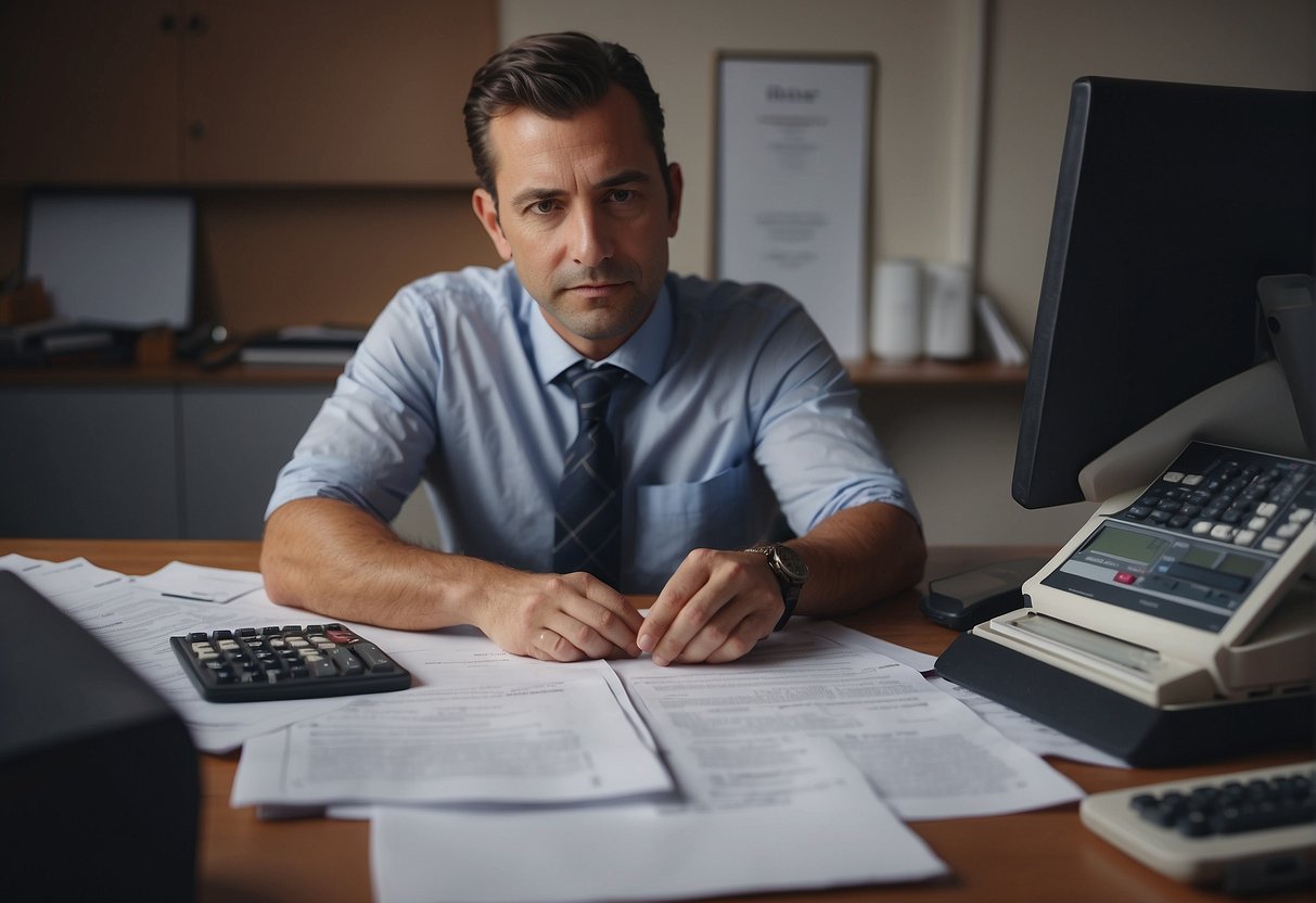 A person at a desk, surrounded by papers and a calculator, weighing the pros and cons of fixing their home loan. A thoughtful expression on their face