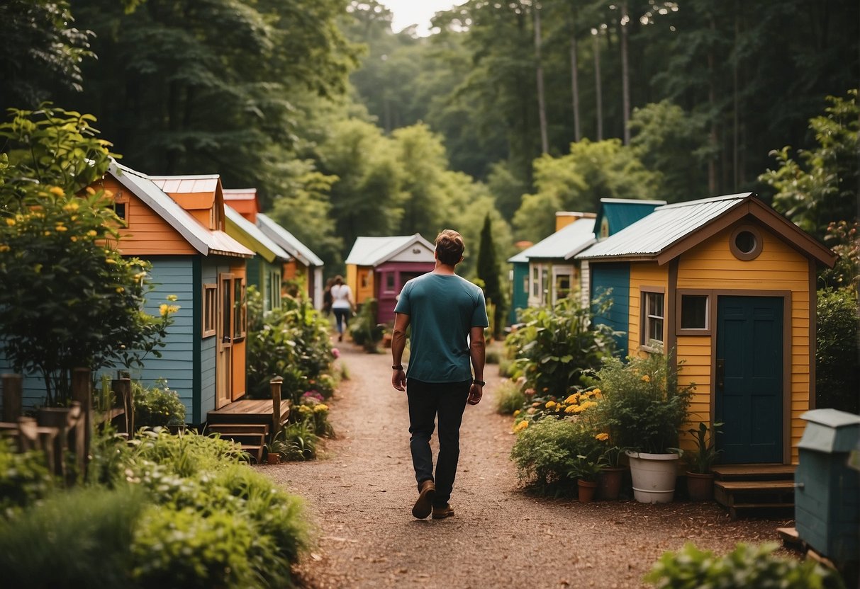 People walk among colorful tiny homes in a lush NC community