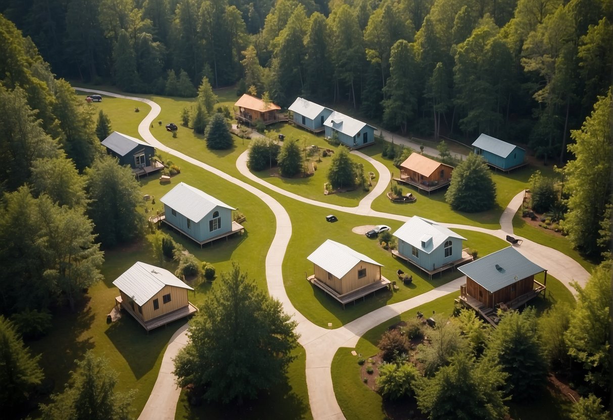 Aerial view of tiny homes nestled in a lush North Carolina community, with winding paths and communal spaces