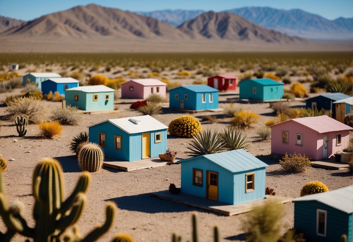 A cluster of colorful tiny homes nestled in the Nevada desert, surrounded by cacti and mountains under a clear blue sky