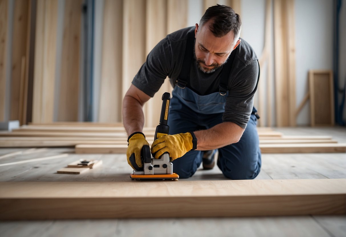 An installer measures, cuts, and attaches mdf, pine, and solid oak skirting boards to a wall, showcasing the practical aspects of each material