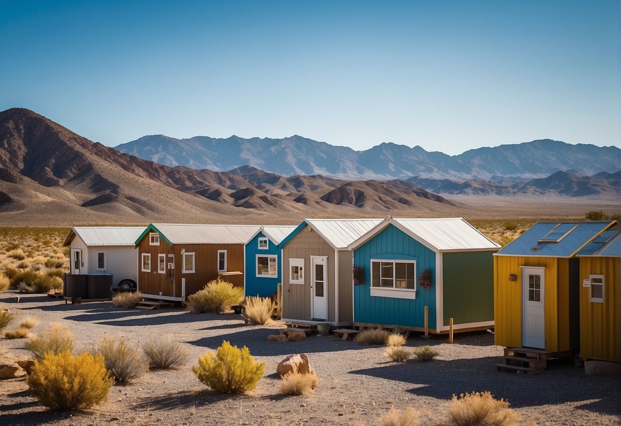 A cluster of tiny homes nestled in the Nevada desert, surrounded by rolling hills and clear blue skies. Common areas feature community gardens, outdoor seating, and recreational facilities