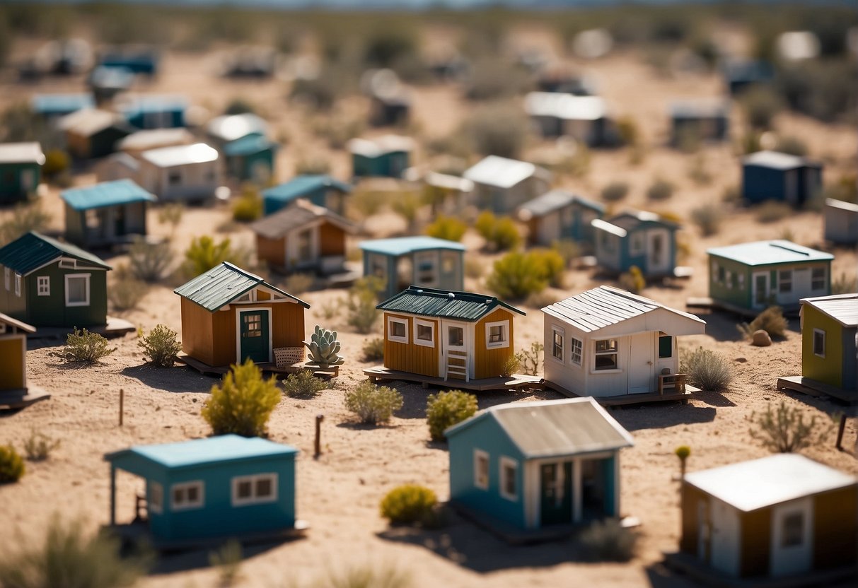 A group of tiny homes arranged in a neat and orderly fashion, surrounded by desert landscape. Signs indicating regulations and community guidelines are prominently displayed