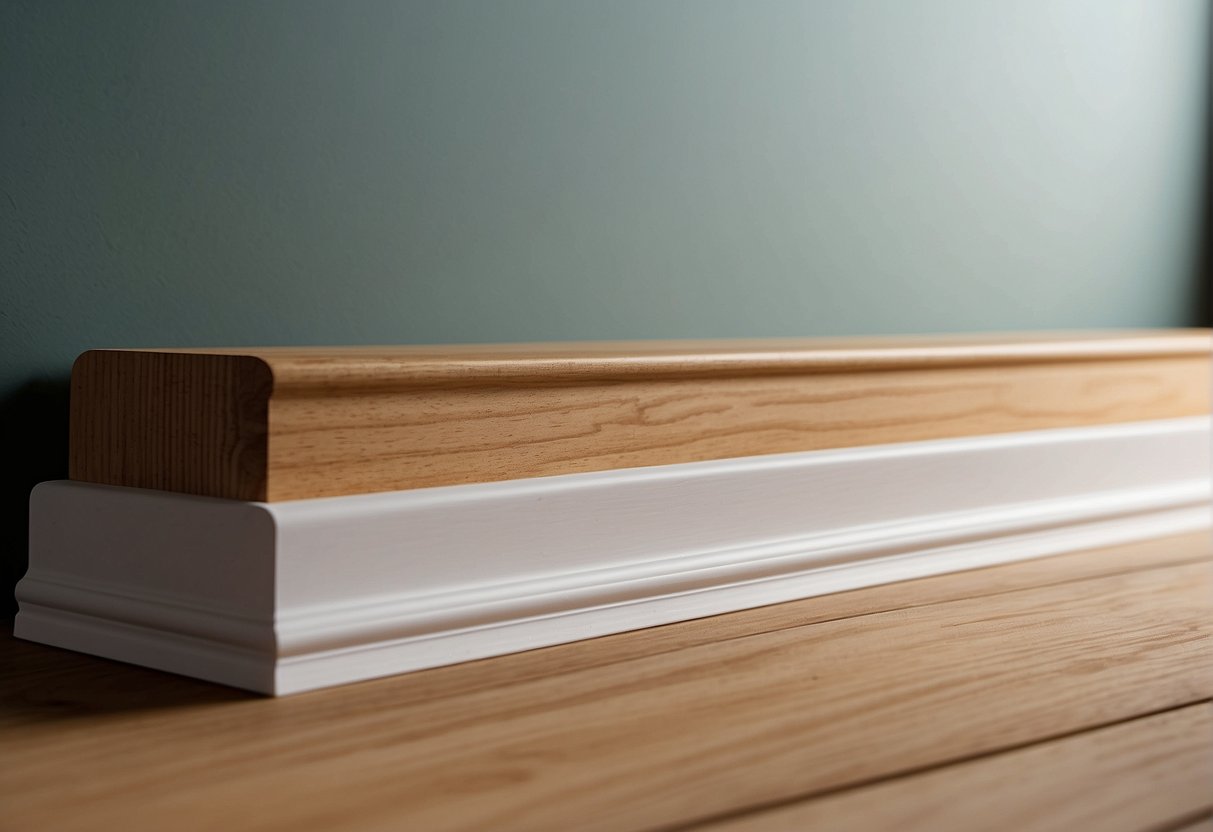 Three skirting boards side by side: MDF, pine, and solid oak. Each labeled with their respective material. Light shines on them, highlighting their different textures and colors