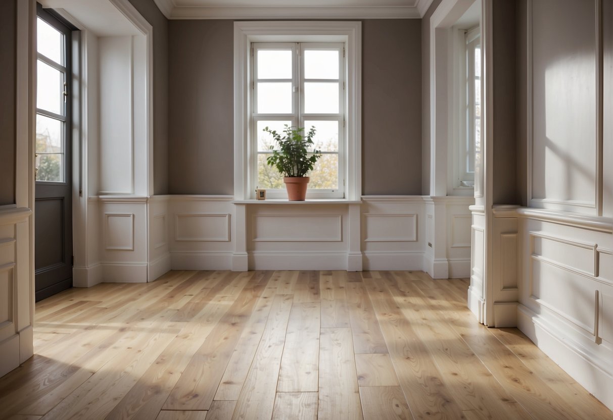 A room with three different types of skirting boards: mdf, pine, and solid oak. Each board is labeled with its material type