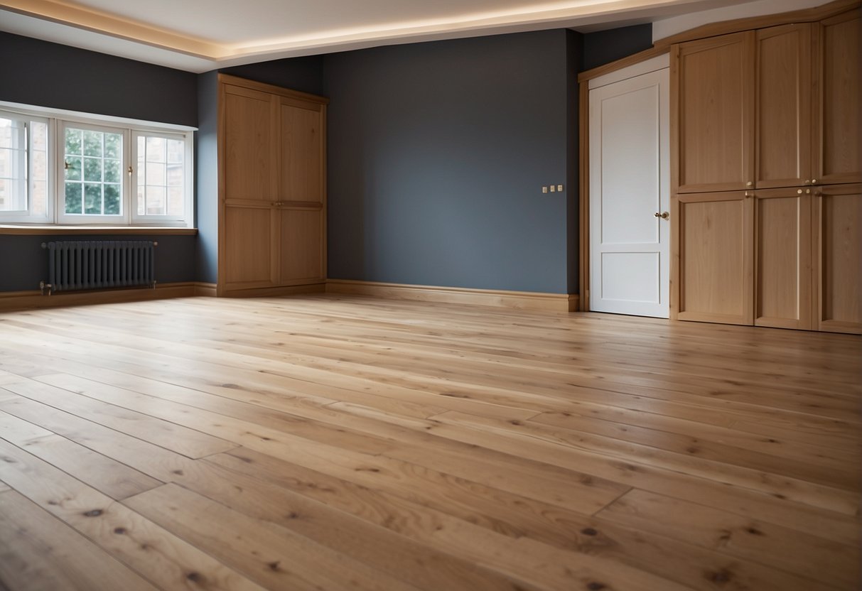 A room with mdf, pine, and solid oak skirting boards. Each board labeled with environmental and health information