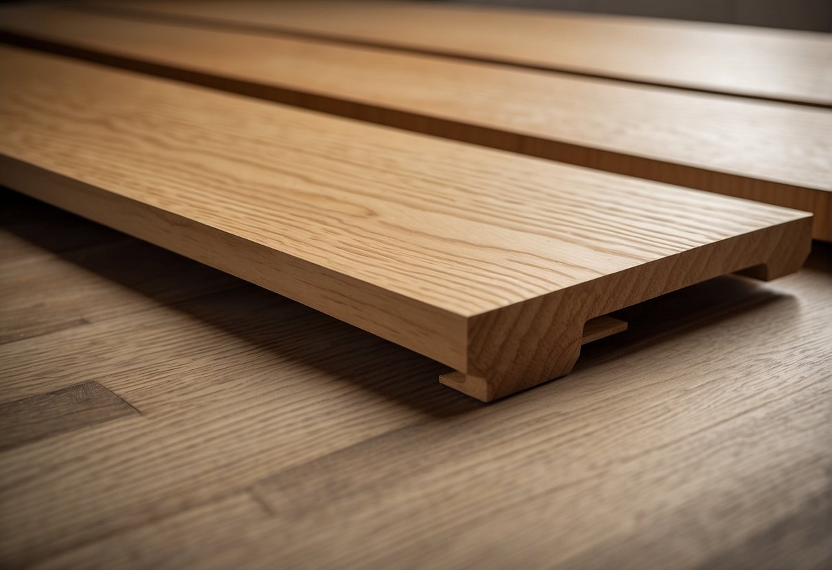 Three skirting boards: MDF, pine, and solid oak, arranged side by side for comparison. Light source casts shadows, highlighting texture and grain