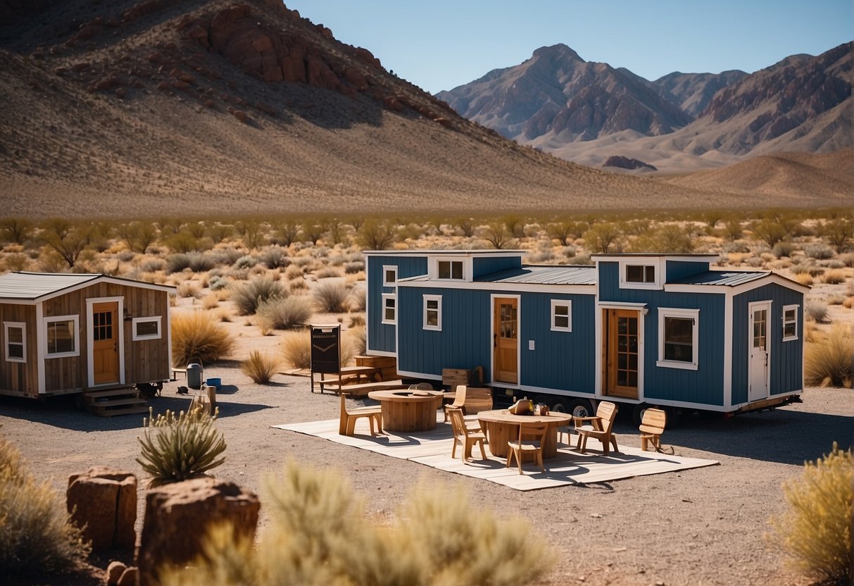 A group of tiny homes nestled in the Nevada desert, surrounded by rugged mountains and clear blue skies. A central gathering area with communal seating and a fire pit
