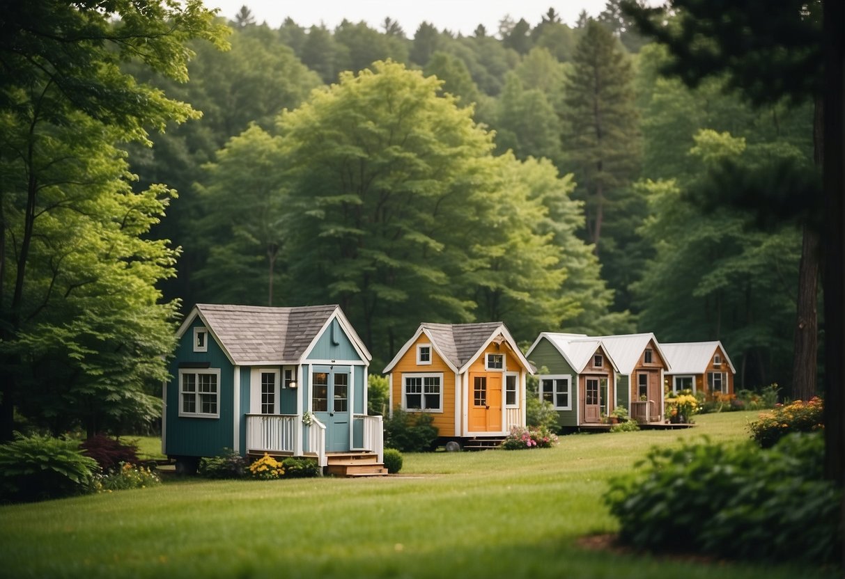 A cluster of quaint, colorful tiny homes nestled among lush green trees in a serene New England setting