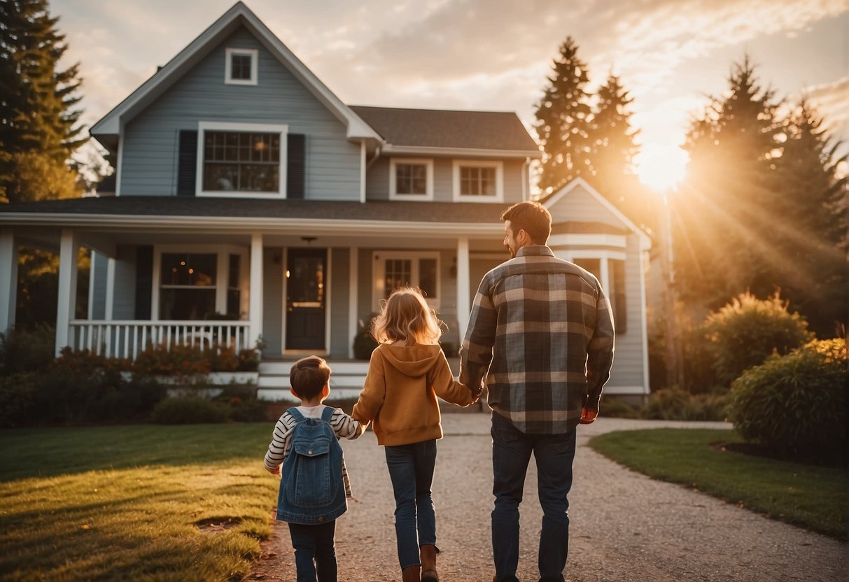 A family stands outside a cozy house with a "Trust Home Loans" sign. The sun is setting, casting a warm glow on the scene. The house exudes a sense of security and comfort