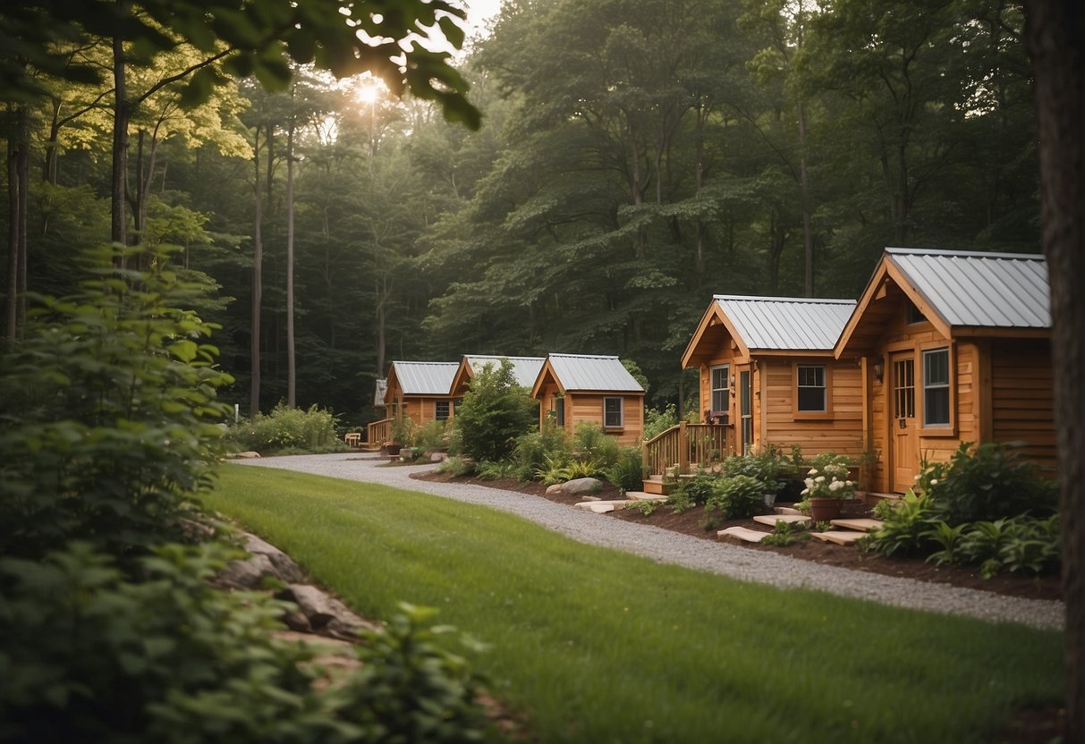 Tiny homes nestled among lush green trees in a New England community, with winding pathways and communal gathering spaces