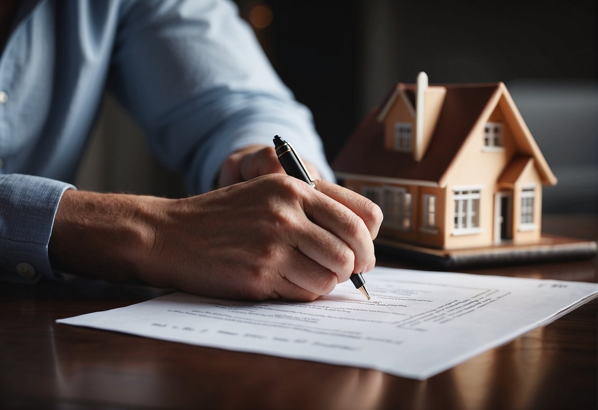 A hand signing a trust document while a house and a loan contract are displayed on a table