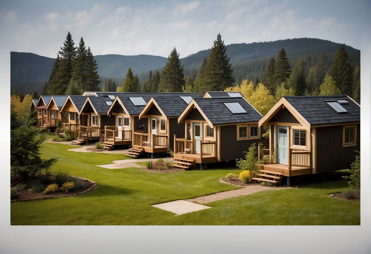 A cluster of tiny homes nestled among the trees, with cozy porches and communal gardens. Each home features unique design elements and modern amenities