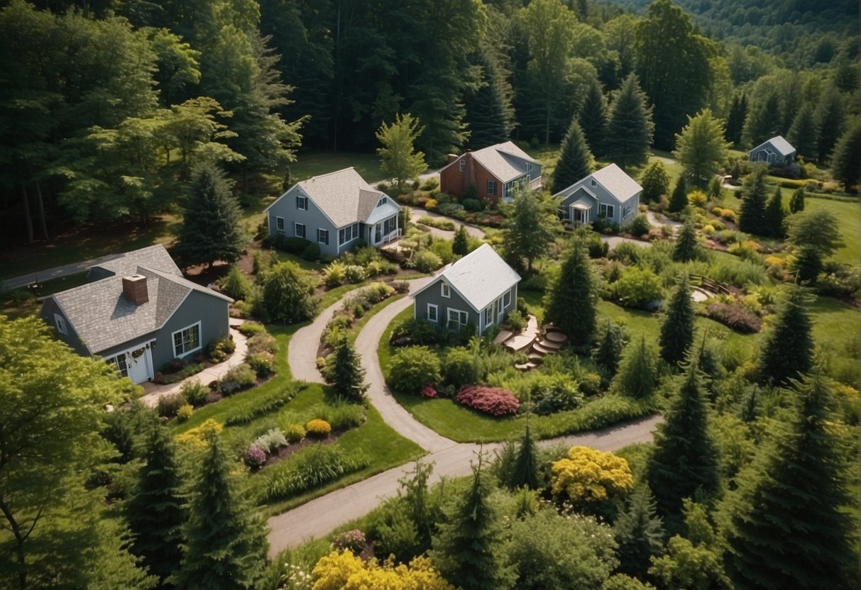 Aerial view of quaint tiny homes nestled in a lush New England landscape, with winding pathways and communal spaces for residents