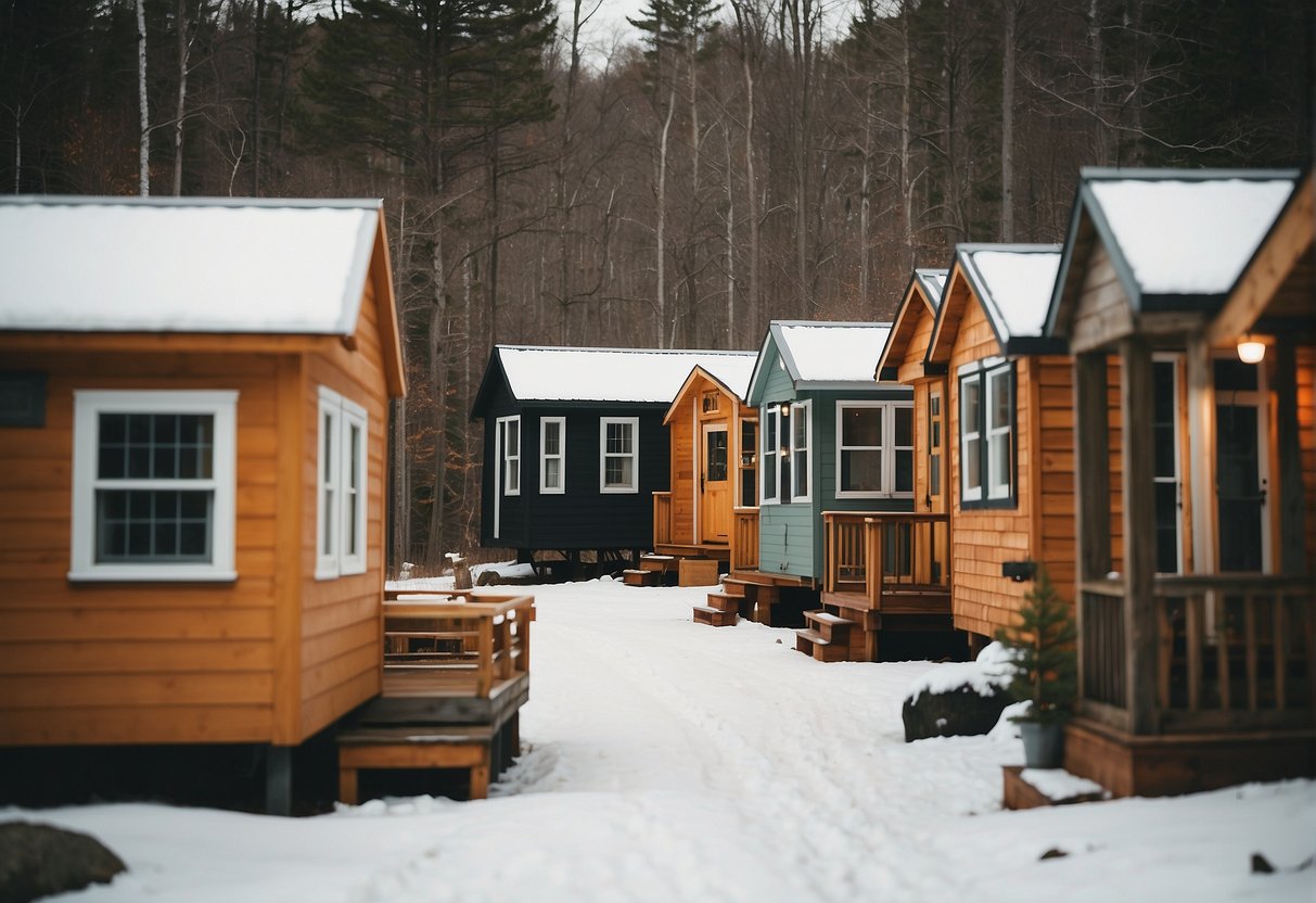 A cluster of tiny homes nestled among the trees in a serene New Hampshire community