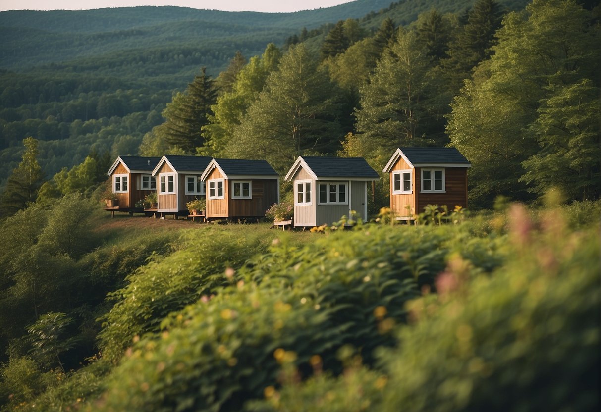 A cluster of tiny homes nestled among lush green trees and rolling hills in a serene New Hampshire landscape