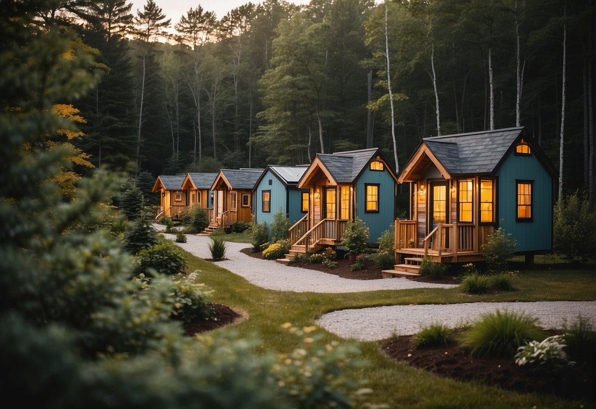 Tiny homes nestled among trees in a New Hampshire community, with a central gathering area and small gardens