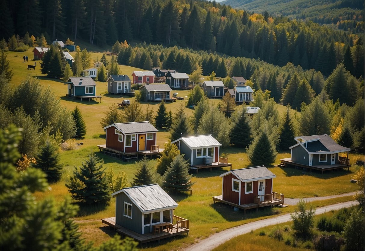 A cluster of tiny homes nestled among the picturesque New Hampshire landscape, with communal spaces and friendly neighbors