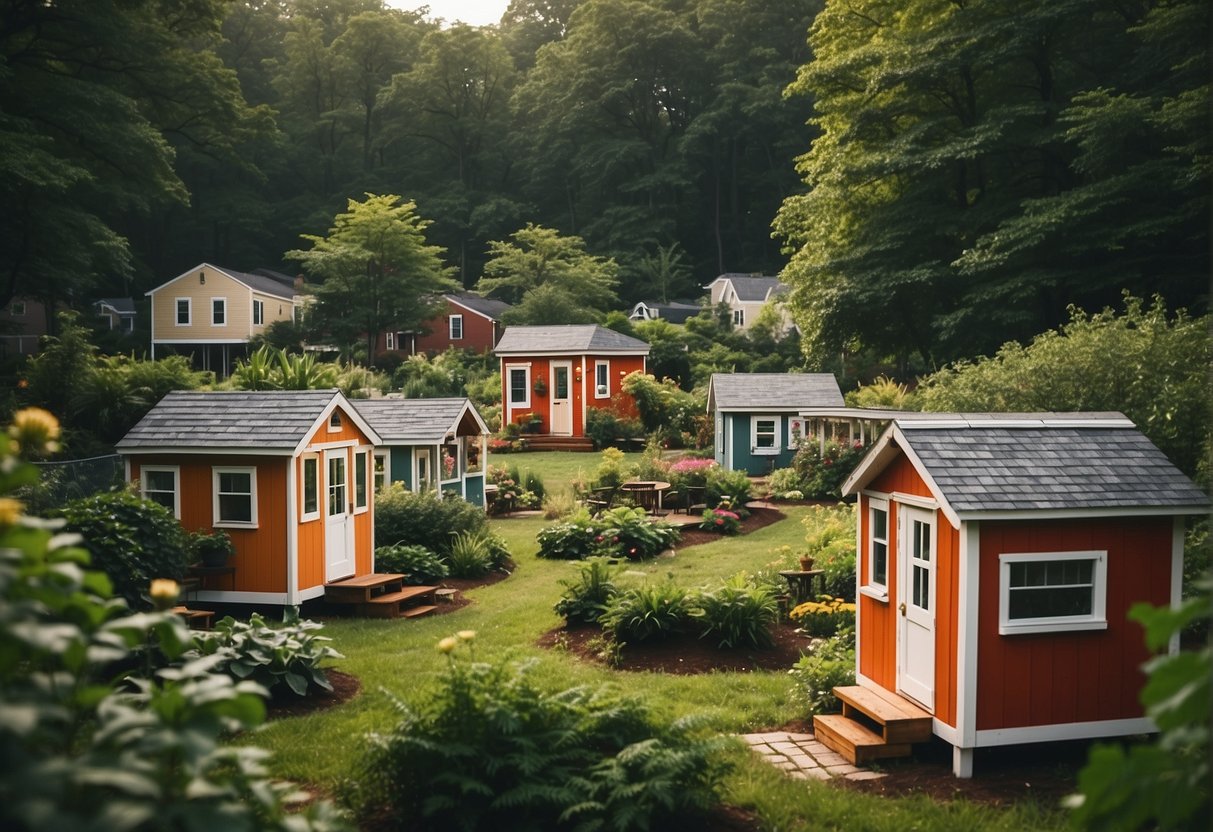 A cluster of tiny homes nestled among lush greenery, with communal spaces and gardens, creating a sense of community in New Jersey