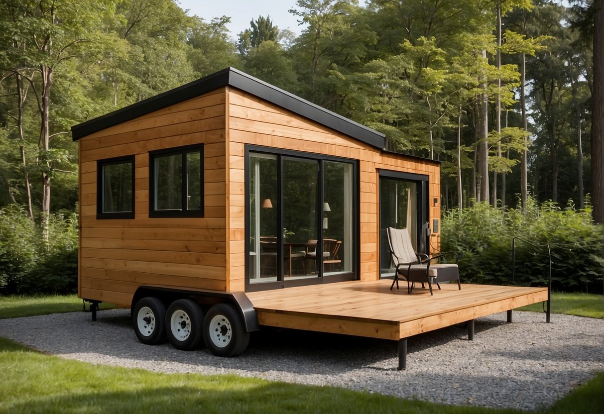 Tiny homes in NJ: Compact, modern designs with efficient use of space. Features include solar panels, rainwater collection, and communal green spaces