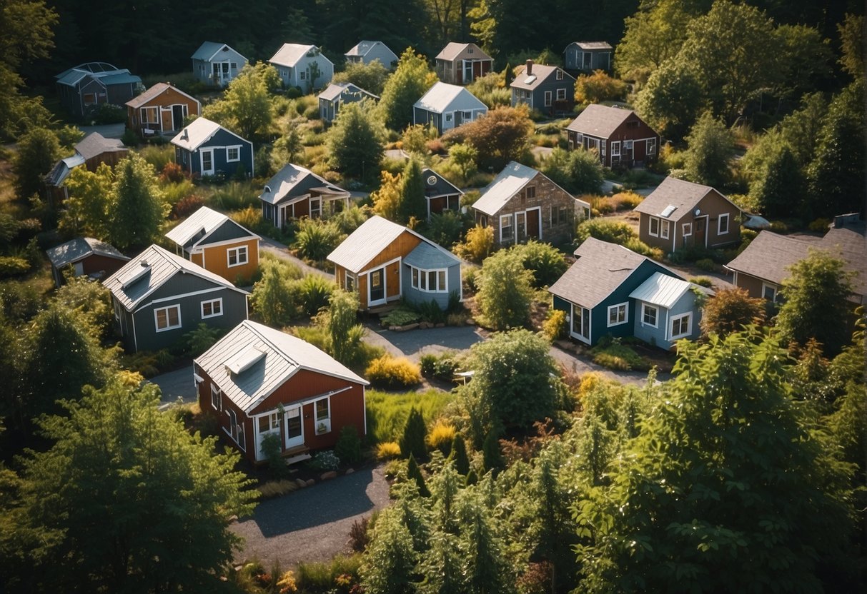 Aerial view of a cluster of tiny homes surrounded by greenery in a New Jersey community