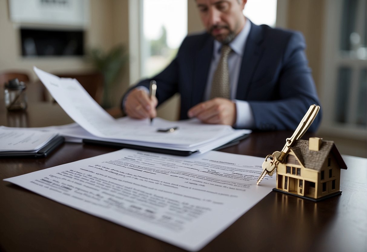 A homeowner signs documents at a desk while a banker explains refinancing options. A house key and loan papers sit on the table