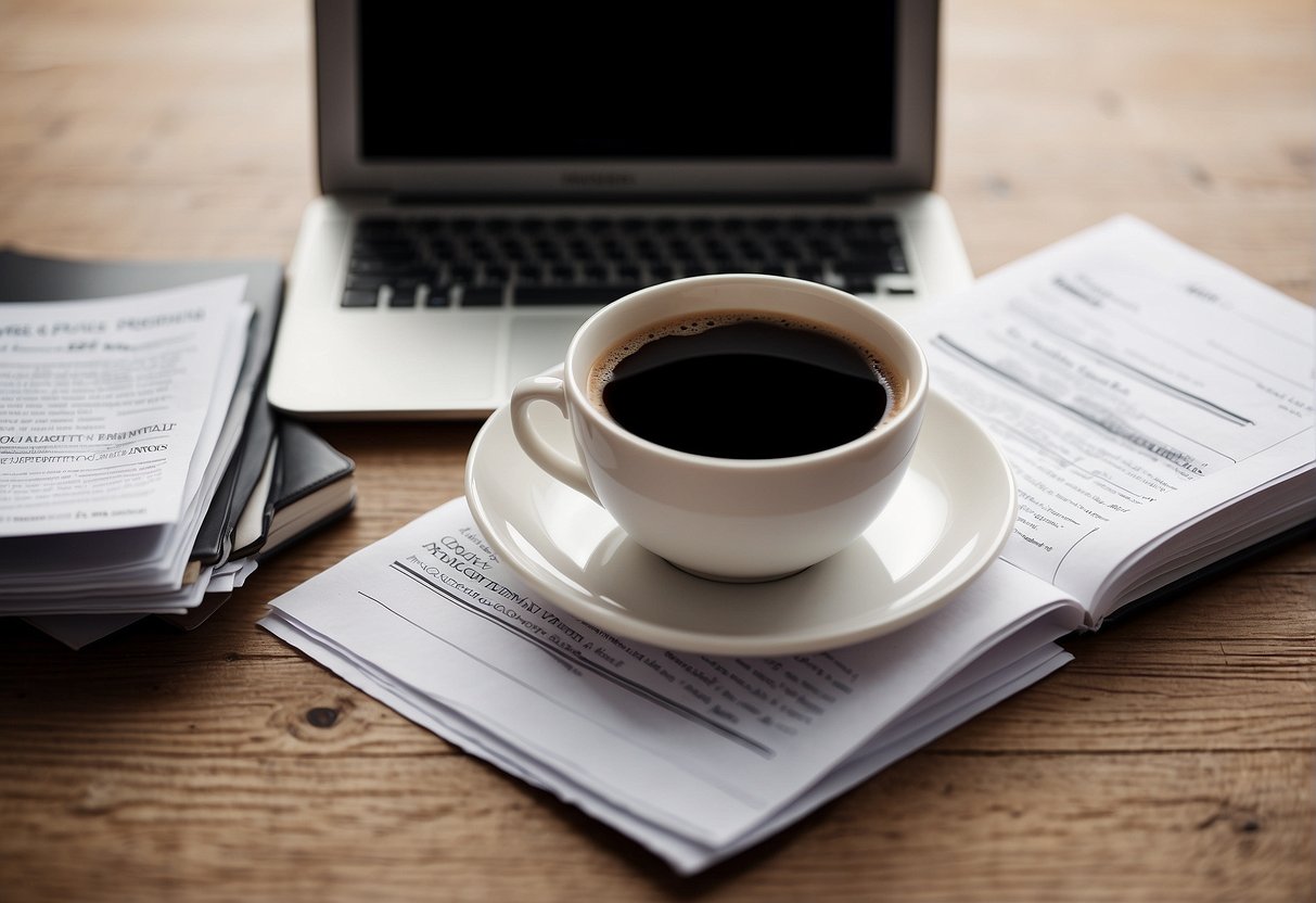 A stack of papers with "Frequently Asked Questions" printed on top, surrounded by a laptop, pen, and a cup of coffee