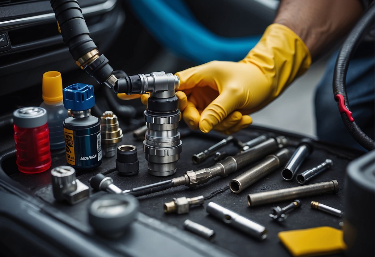 A Volkswagen fuel injector being cleaned with the best cleaner, surrounded by automotive tools and equipment