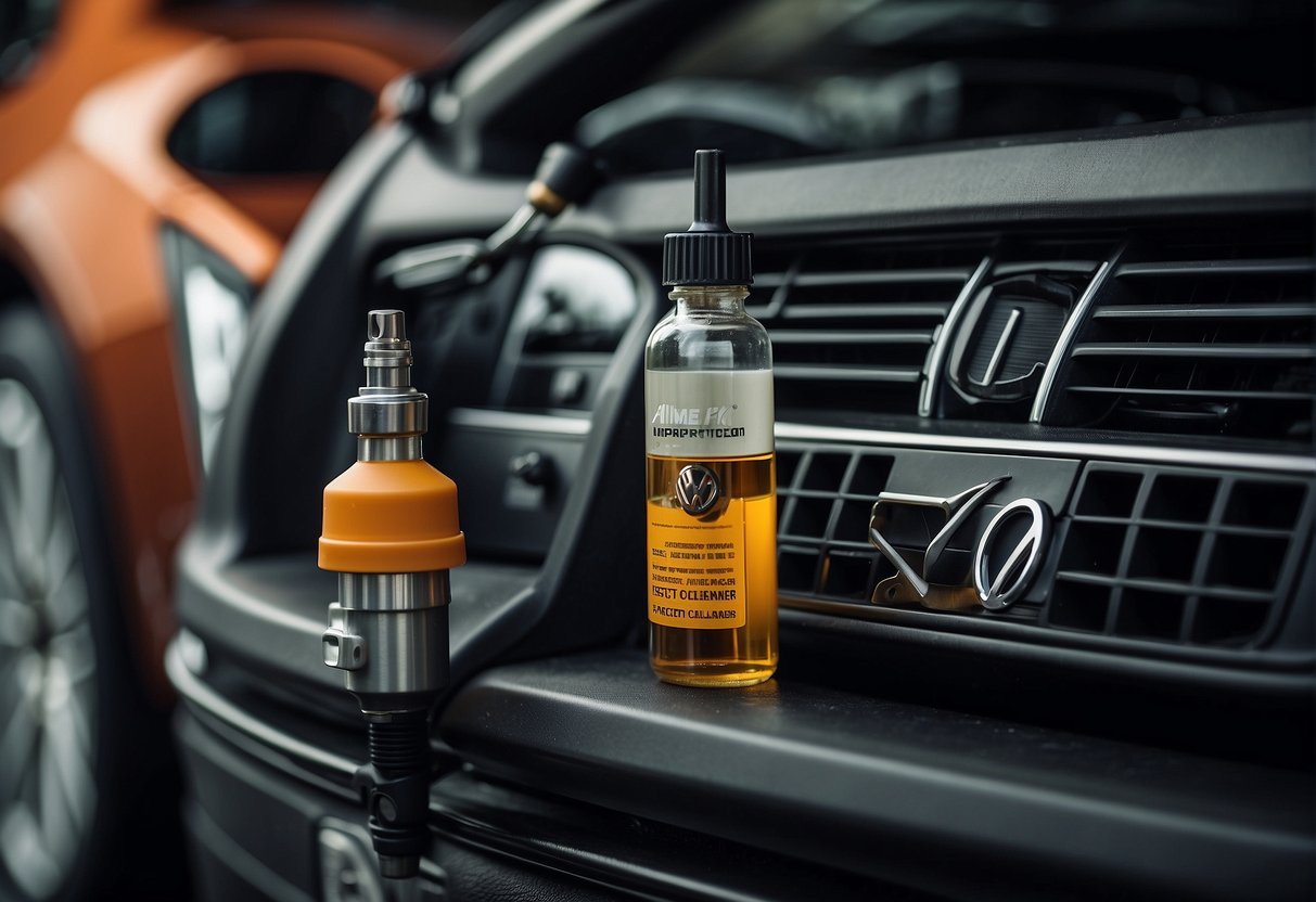 A close-up of a fuel injection system in a Volkswagen, with a bottle of the best fuel injector cleaner placed nearby