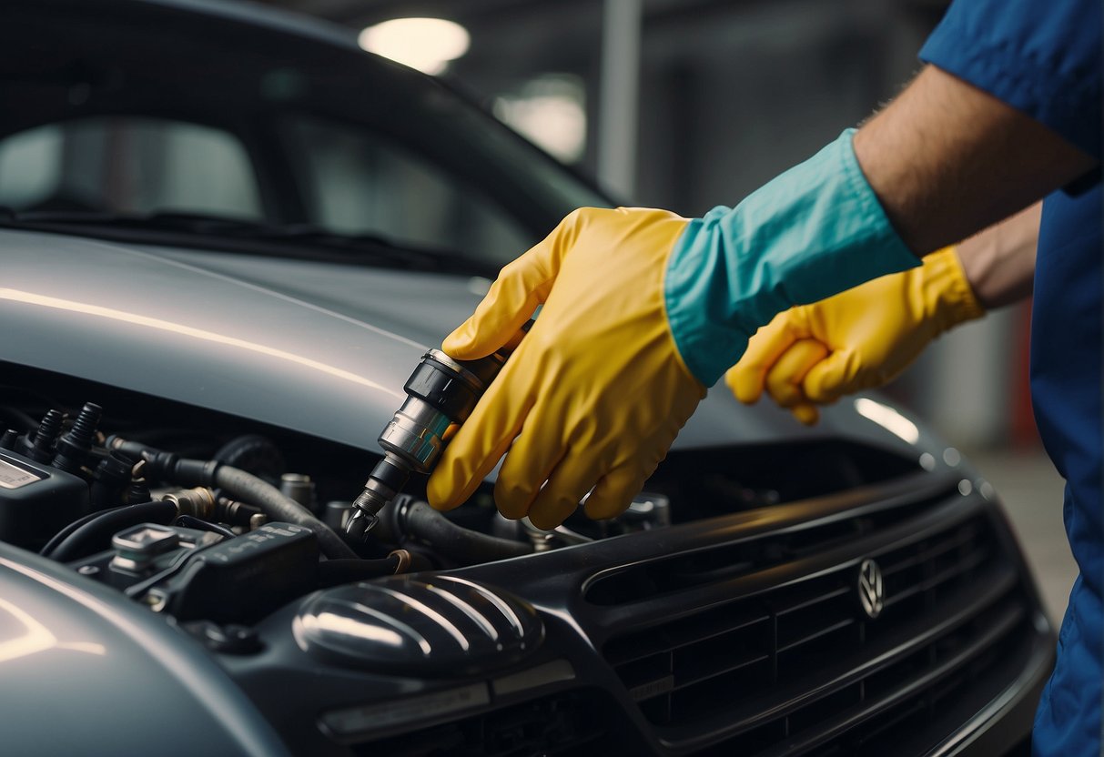 A hand pours fuel injector cleaner into a Volkswagen engine