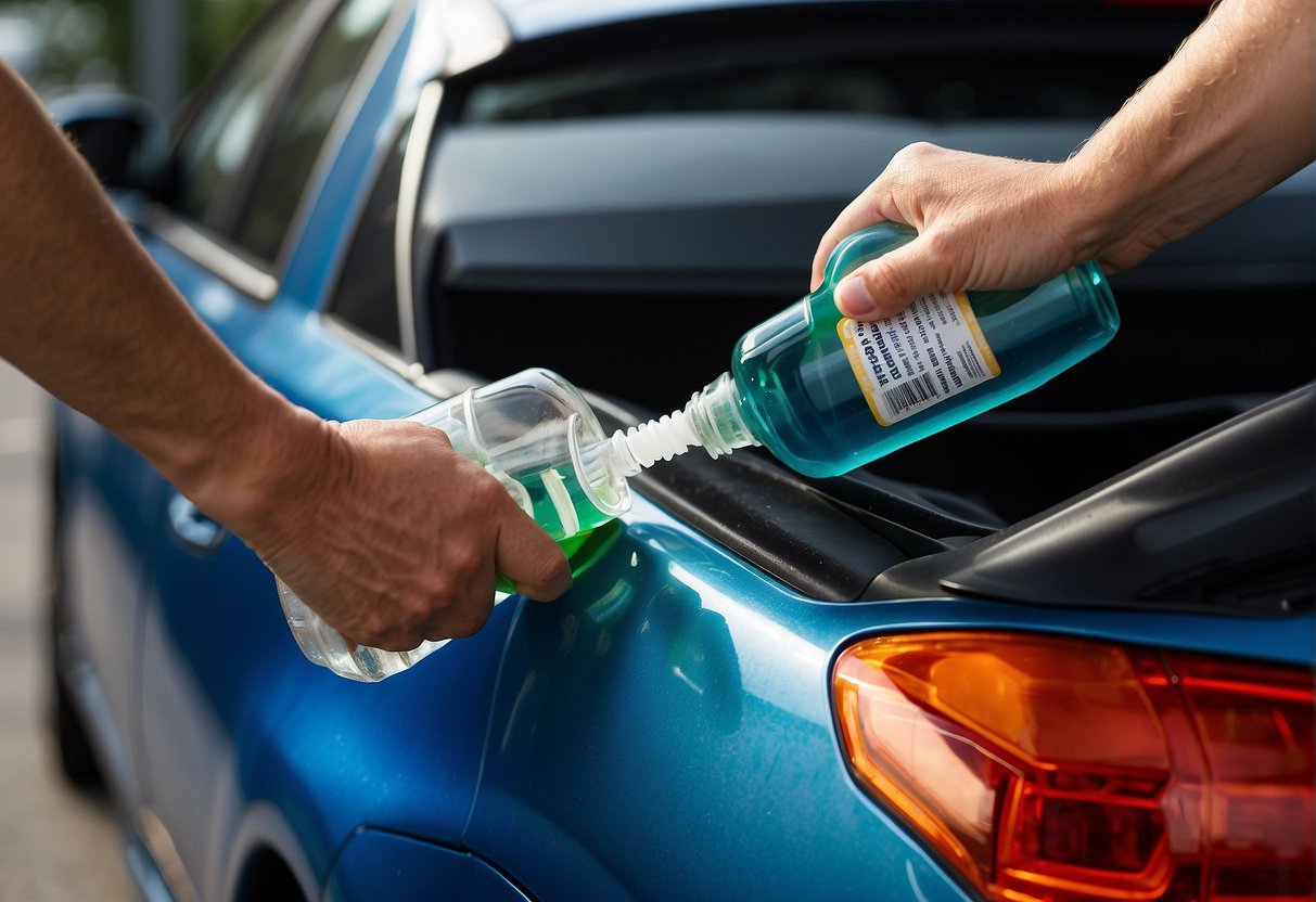 A hand pours a bottle of injector cleaner into the fuel tank of a Volkswagen Jetta. The label on the bottle reads "best fuel injector cleaner for Volkswagen Jetta."