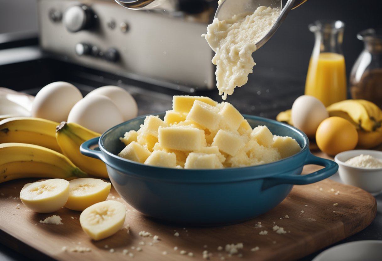 A ripe banana is being peeled and mashed, while flour and eggs are being mixed in a bowl. The batter is being poured into a cake pan and placed in the oven