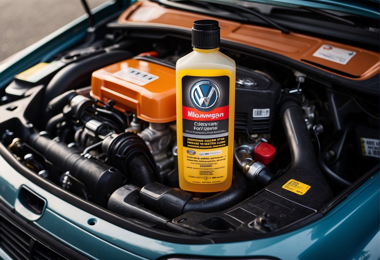 A Volkswagen Jetta with its hood open, showing a bottle of fuel injector cleaner next to the engine. The label on the bottle reads "Frequently Asked Questions best fuel injector cleaner for Volkswagen Jetta."