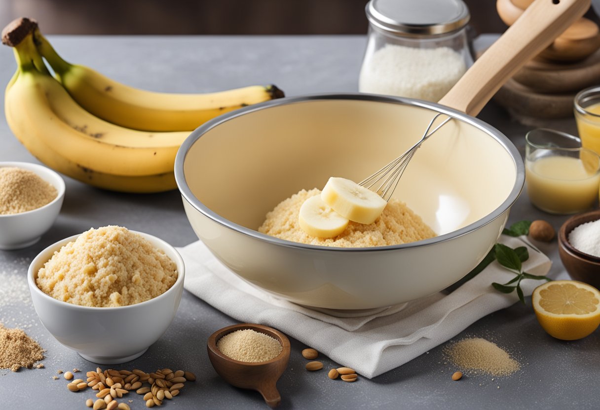 A mixing bowl with ingredients, a whisk, measuring cups, and a recipe card for banana sponge cake