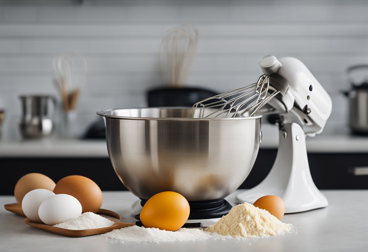 A mixing bowl with mashed bananas, flour, eggs, and sugar. A whisk and measuring spoons on a kitchen counter