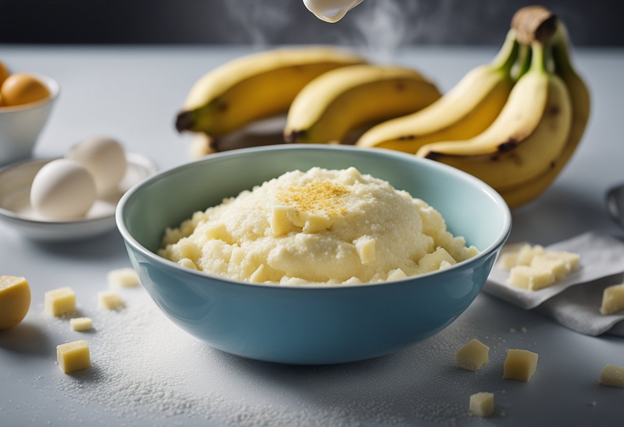 A ripe banana is being mashed in a mixing bowl. Flour, sugar, and eggs are being added. The batter is being poured into a cake pan and placed in the oven