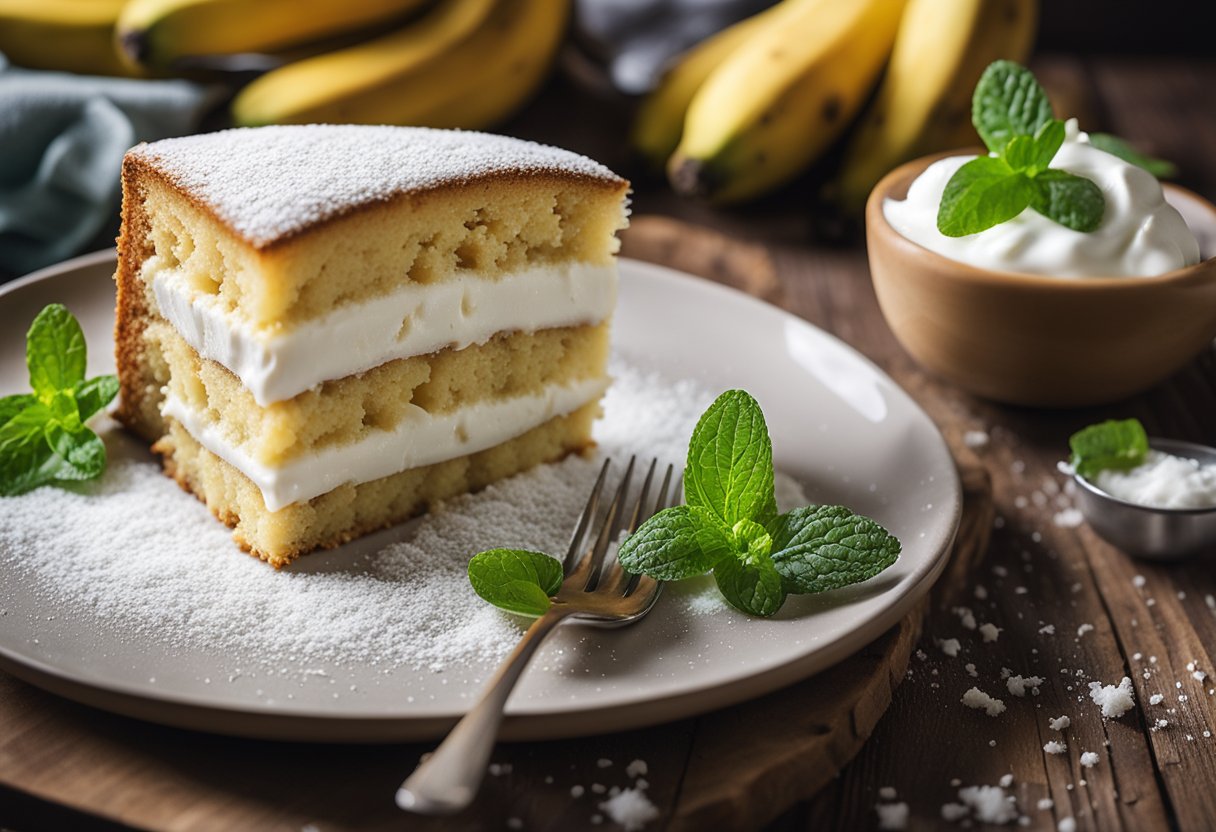 A banana sponge cake sits on a rustic wooden table, topped with sliced bananas and a dusting of powdered sugar. A dollop of whipped cream and a sprig of mint garnish the side